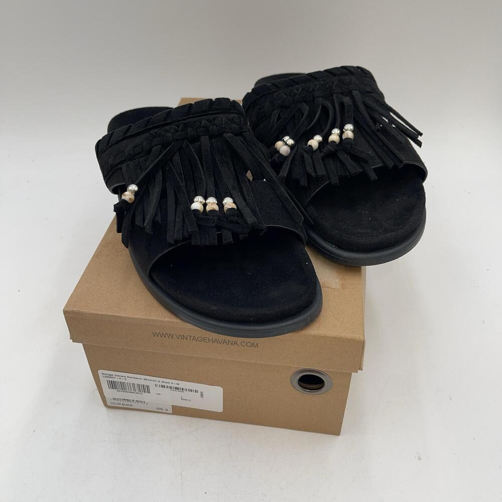 Vintage Havana Shoes Womens Size 9 Black Suede Fringe Slide Sandals Sundance